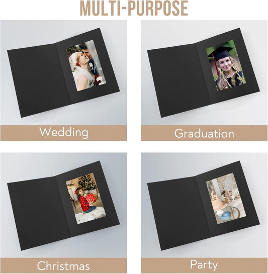 Clearance Pack of 50, 4x6 Photo Folders, Cardboard Picture Frame, Paper Frame Cards, Greetings/Invitation Special Events: Graduation, Christmas, Wedding (Black)