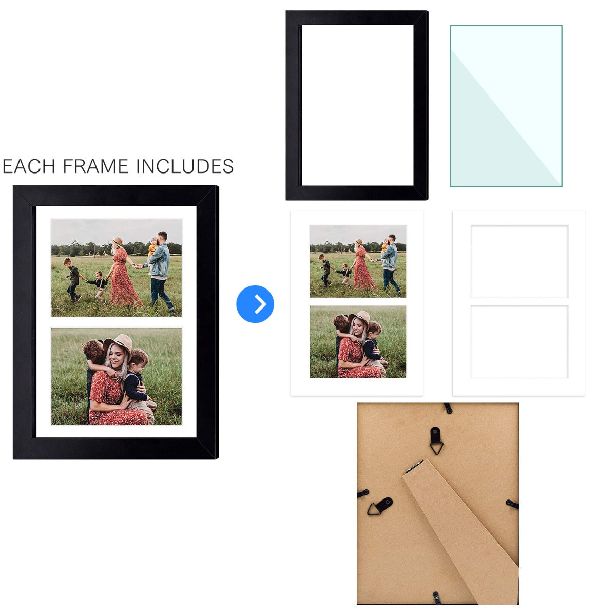 8.5x11 Wood Frame For 2-5x7 Photos with Mat and Real Glass (10 Pack) Golden State Art