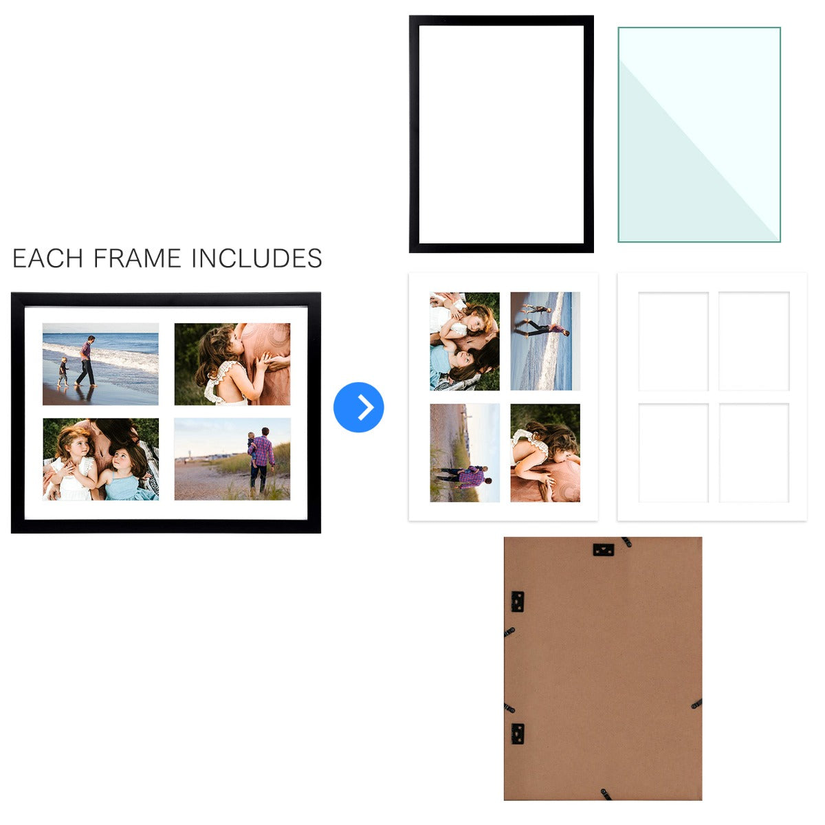 12x16 Black Wood Collage Frame For 4-5x7 Photos with White Mat and Tempered Glass Golden State Art
