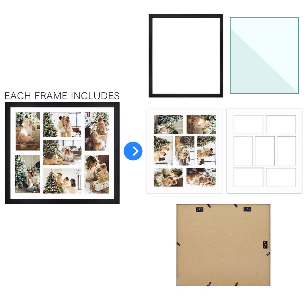 13.7x15.7 Black Wood Collage Frame For 7-4X6 photos with White Mat and Real Glass Golden State Art