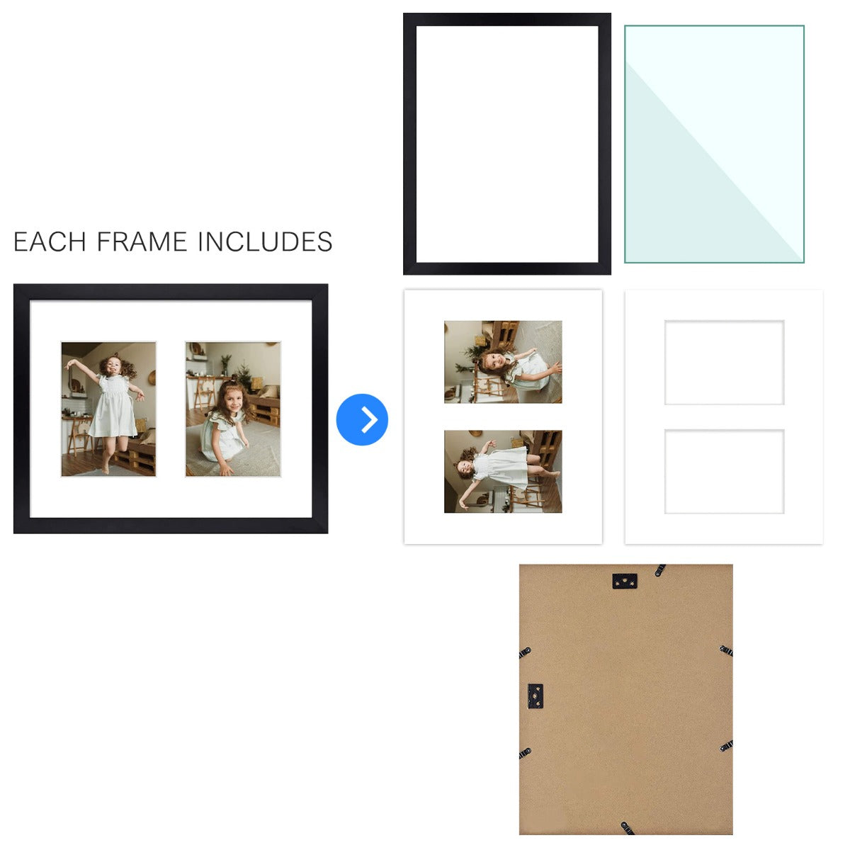 11x14 Black Wood Collage Frame For 2-5X7 photos with White Mat and Real Glass Golden State Art