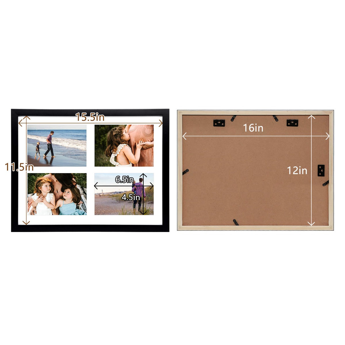 12x16 Black Wood Collage Frame For 4-5x7 Photos with White Mat and Tempered Glass Golden State Art