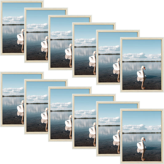 A set of 12 white and beige MDF frames with real glass, emphasizing the clear glass and frame design.