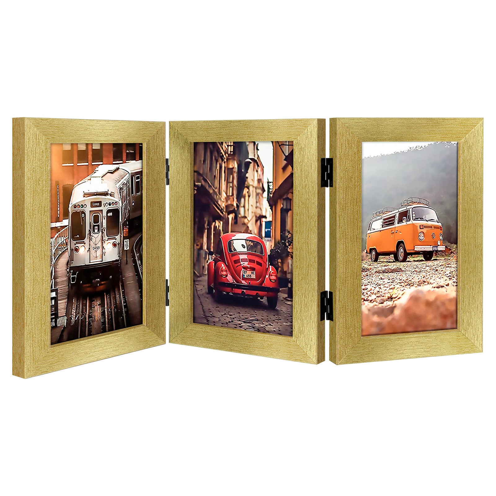 Hinged Frames Displays 3 Photos with Real Glass (8 Pack) 5x7 Gold Picture Frame Golden State Art