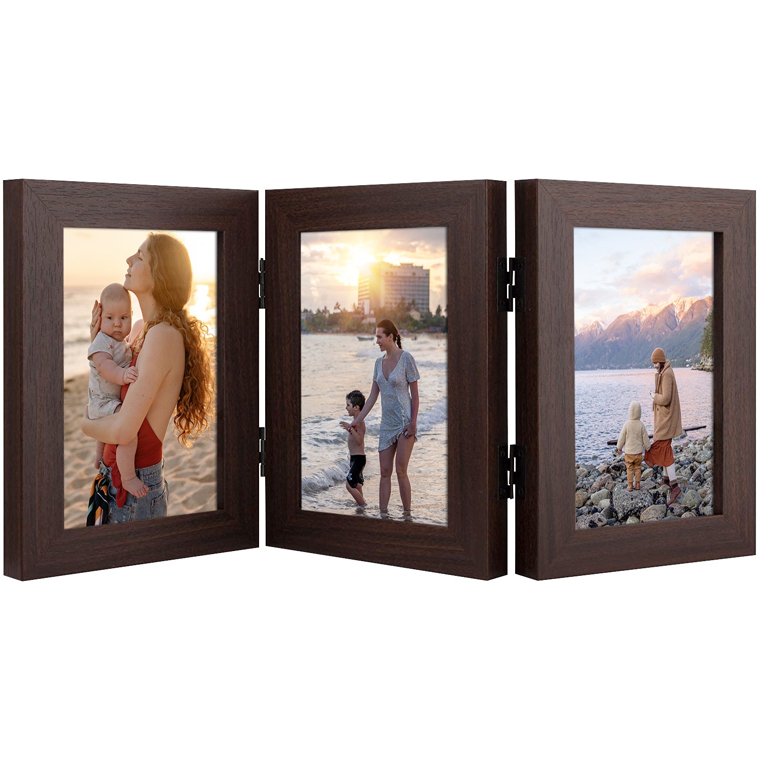Hinged Frames Displays 3 Photos with Real Glass (8 Pack) 4x6 Walnut Picture Frame Golden State Art