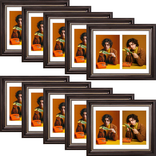 Collage Picture Frames with White Mat and Real Glass,Dark Brown/Ornate Gold Color