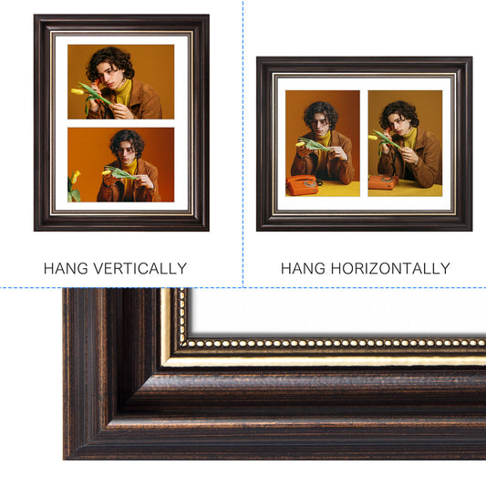 Collage Picture Frames with White Mat and Real Glass,Dark Brown/Ornate Gold Color