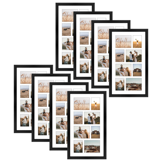 Clearance 10x18 Collage Frame For Four 4x5 And Four 3x4 Picture with White Mat and Real Glass Black-Pack Of 8