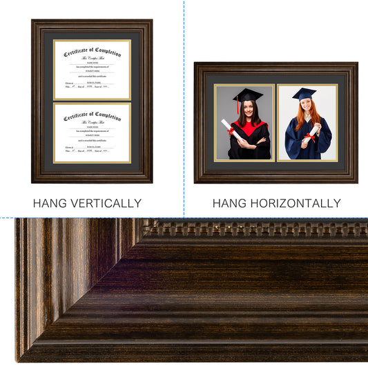 14x20 Double/Dual Diploma Frame with Black Over Gold Mat for Two 8.5x11 Certificates-Pack of 6