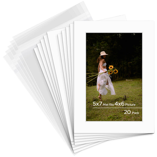 5x7 Pre-cut Mat with Whitecore fits 4x6 Picture with Backing Board and Clear Bag