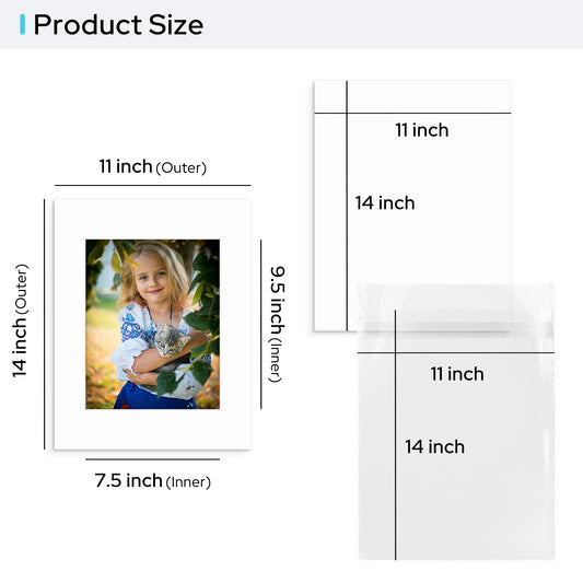 11x14 Pre-cut Mat with Whitecore with Backing Board and Clear Bag