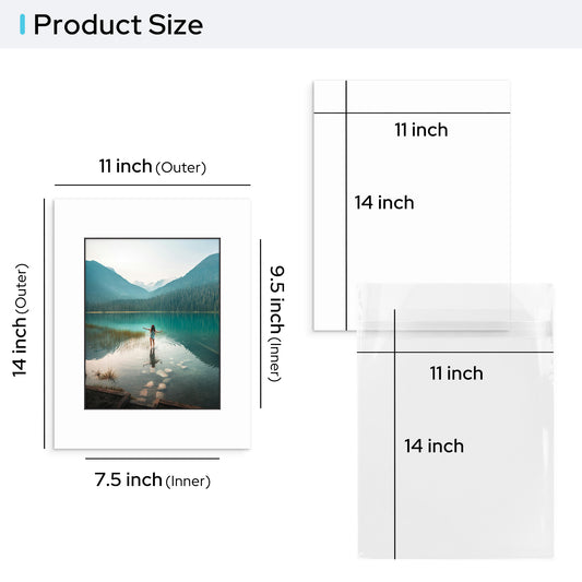11x14 Pre-cut Mat with Blackcore fits 8x10 Picture White #501B