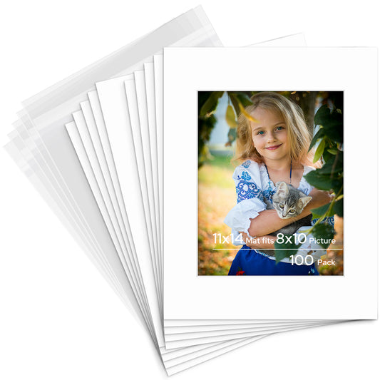 Pack of 100, 11x14 Pre-cut Mat with Whitecore with Backing Board and Clear Bag