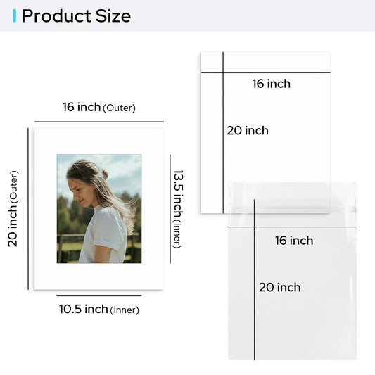 16x20 Pre-cut Mat with Whitecore with Backing Board and Clear Bag
