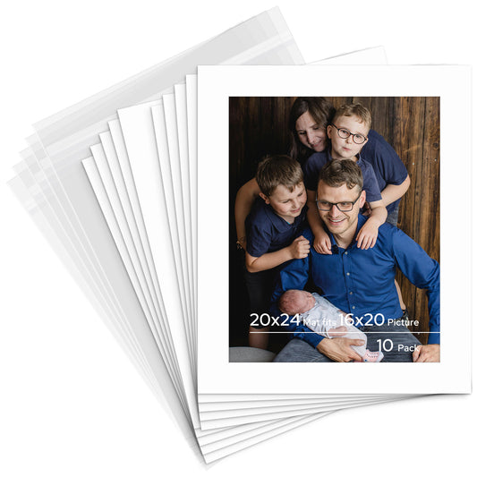20x24 Pre-cut Mat with Whitecore fits 16x20 Picture with Backing Board and Clear Bag