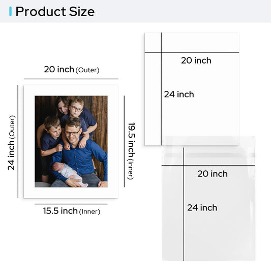 20x24 Pre-cut Mat with Whitecore fits 16x20 Picture with Backing Board and Clear Bag