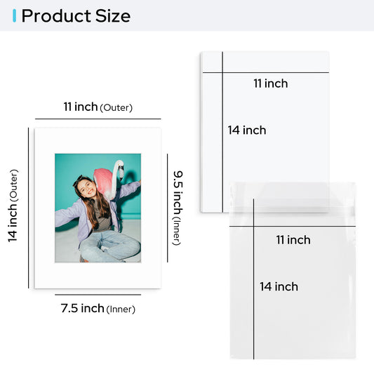 11x14 Pre-cut Mat with Whitecore with White Foam Backing Board and Clear Bag