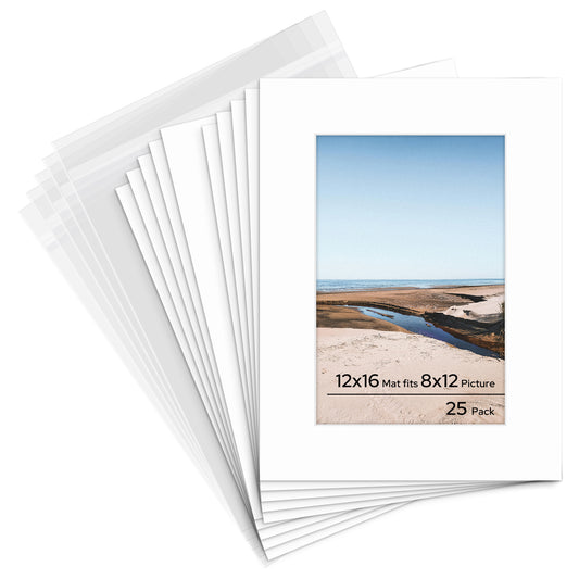 12x16 Pre-cut Mat with Whitecore fits 8x12 Picture with Backing Board and Clear Bag