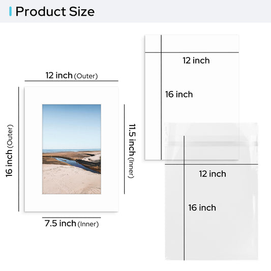 12x16 Pre-cut Mat with Whitecore fits 8x12 Picture with Backing Board and Clear Bag