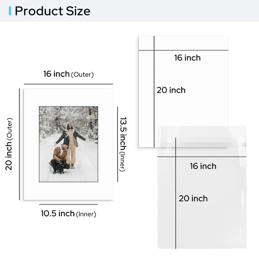16x20 Pre-cut Mat with Blackcore fits 11x14 Picture with Backing Board and Clear Bag