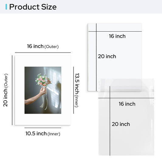 16x20 Pre-cut Mat with Whitecore with White Foam Board and Clear Bag