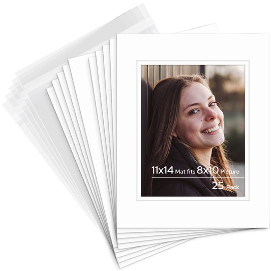 11x14 Pre-cut Double Mat for 8x10 Picture with Whitecore with Backing Board and Clear Bag