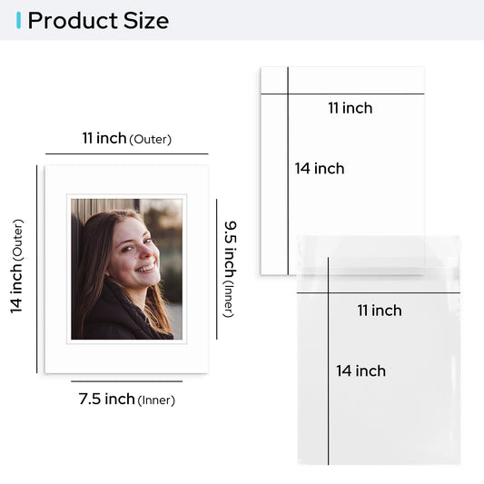 11x14 Pre-cut Double Mat for 8x10 Picture with Whitecore with Backing Board and Clear Bag
