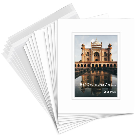 8x10 Pre-cut Double Mat with Whitecore fits 5x7 Picture with Backing Board and Clear Bag