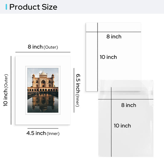 8x10 Pre-cut Double Mat with Whitecore fits 5x7 Picture with Backing Board and Clear Bag
