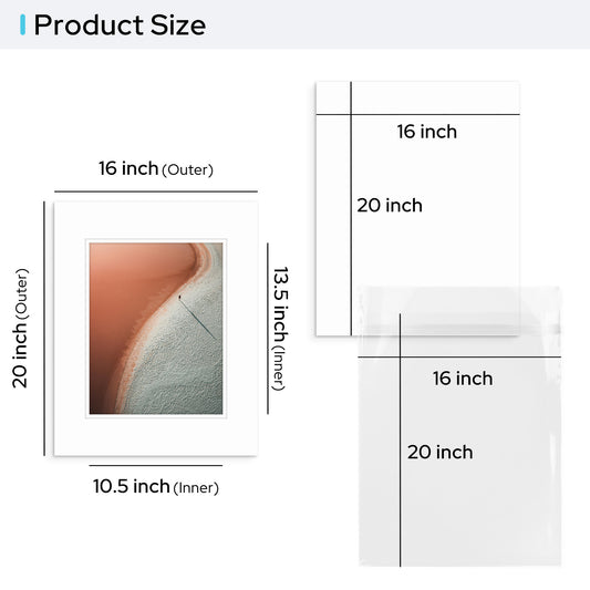16x20 Pre-cut Double Mat with Whitecore fits 11x14 Picture with Backing Board and Clear Bag