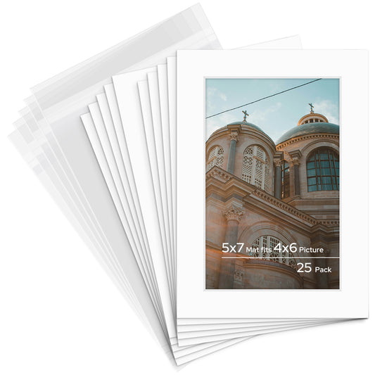 5x7 Pre-cut 8-PLY Mat with Whitecore fits 4x6 Picture with Backing Board and Clear Bag