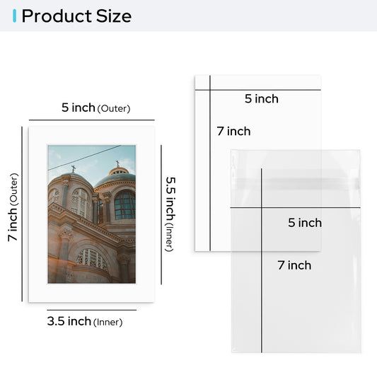 5x7 Pre-cut 8-PLY Mat with Whitecore fits 4x6 Picture with Backing Board and Clear Bag