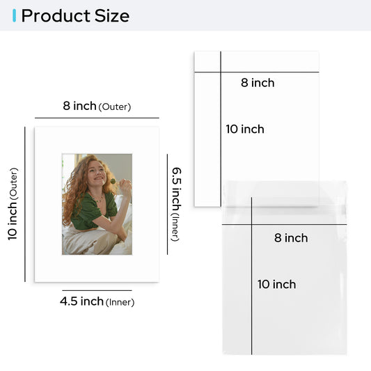 8x10 Pre-cut 8 PLY Mat with Whitecore fits 5x7 Photo with Backing Board and Clear Bag