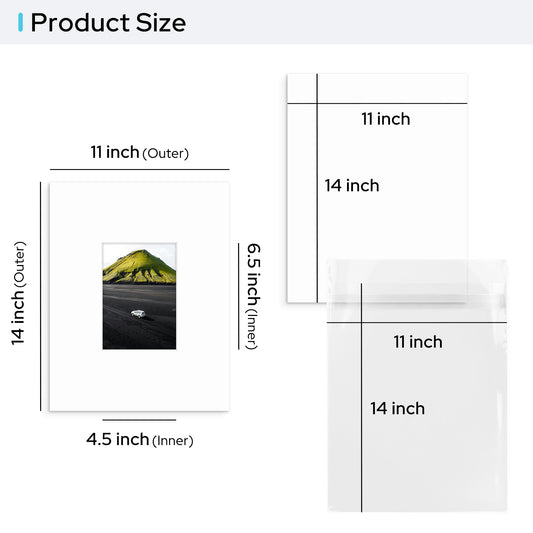 11x14 Pre-cut 8-PLY Mat with Whitecore with Backing Board and Clear Bag