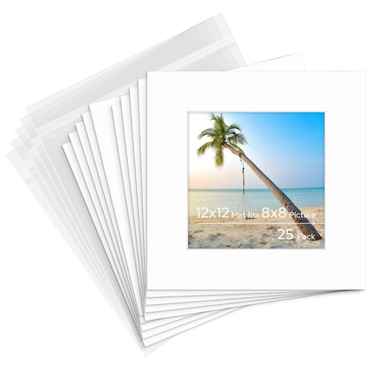 12x12 Pre-cut Mat with Whitecore fits 8x8 Picture with Backing Board and Clear Bag
