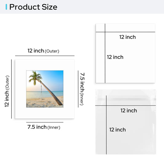 12x12 Pre-cut Mat with Whitecore fits 8x8 Picture with Backing Board and Clear Bag
