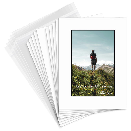 12x16 Pre-cut Mat with Blackcore fits 8x12 Picture with Backing Board and Clear Bag