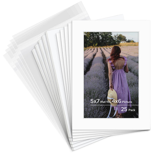 5x7 Pre-cut Mat with Whitecore fits 4x6 Picture with White Foam Board and Clear Bag