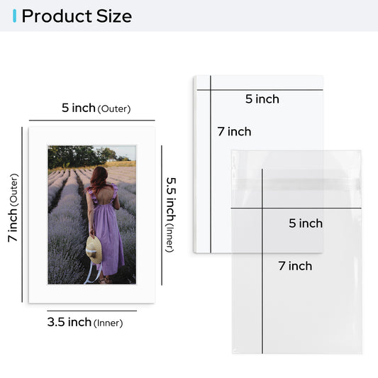 5x7 Pre-cut Mat with Whitecore fits 4x6 Picture with White Foam Board and Clear Bag