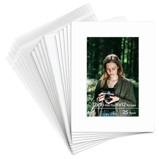 12x16 Pre-cut Mat with Whitecore fits 8x12 Picture with White Foam Backing Board and Clear Bag