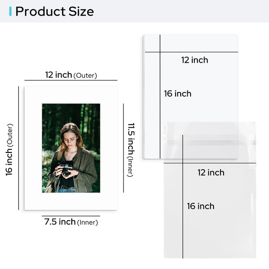 12x16 Pre-cut Mat with Whitecore fits 8x12 Picture with White Foam Backing Board and Clear Bag
