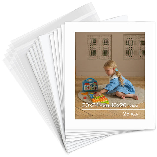 20x24 Pre-cut Mat with Whitecore fits 16x20 Picture with White Foam Board and Clear Bag