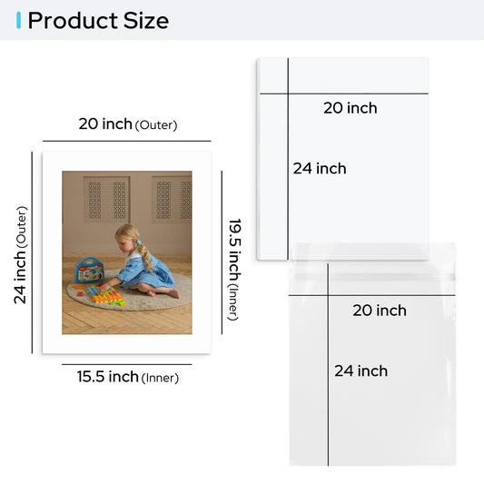 20x24 Pre-cut Mat with Whitecore fits 16x20 Picture with White Foam Board and Clear Bag