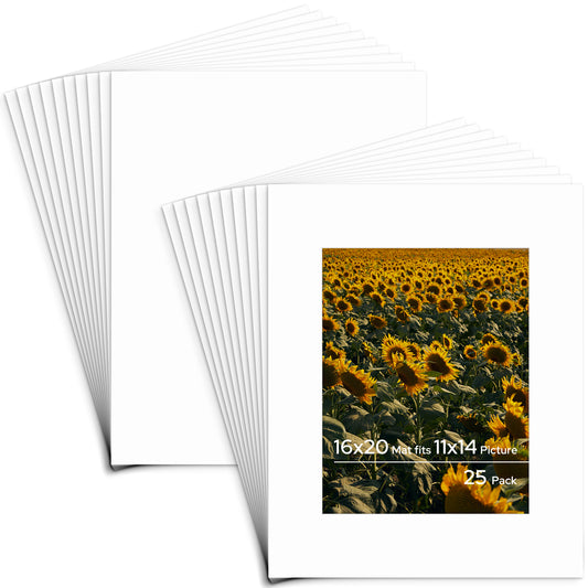 Pack of 25, 16x20 Custom Cut White Conservation Archival Mat with Whitecore fits 11x14 Picture with Conservation Backing Board
