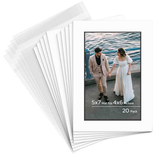 5x7 Pre-cut Mat with Blackcore fits 4x6 Picture with Backing Board and Clear Bag