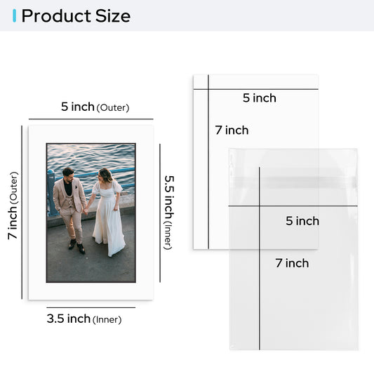 5x7 Pre-cut Mat with Blackcore fits 4x6 Picture with Backing Board and Clear Bag