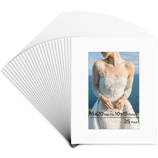 Pack of 25, 16x20 Custom Cut Off White Mat with Whitecore fits 10x15 Picture Bulk Pack