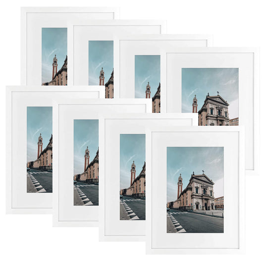 12x16 Wood Frame 0.84 Inch with White Mat for 8x12 Picture - Pack of 8
