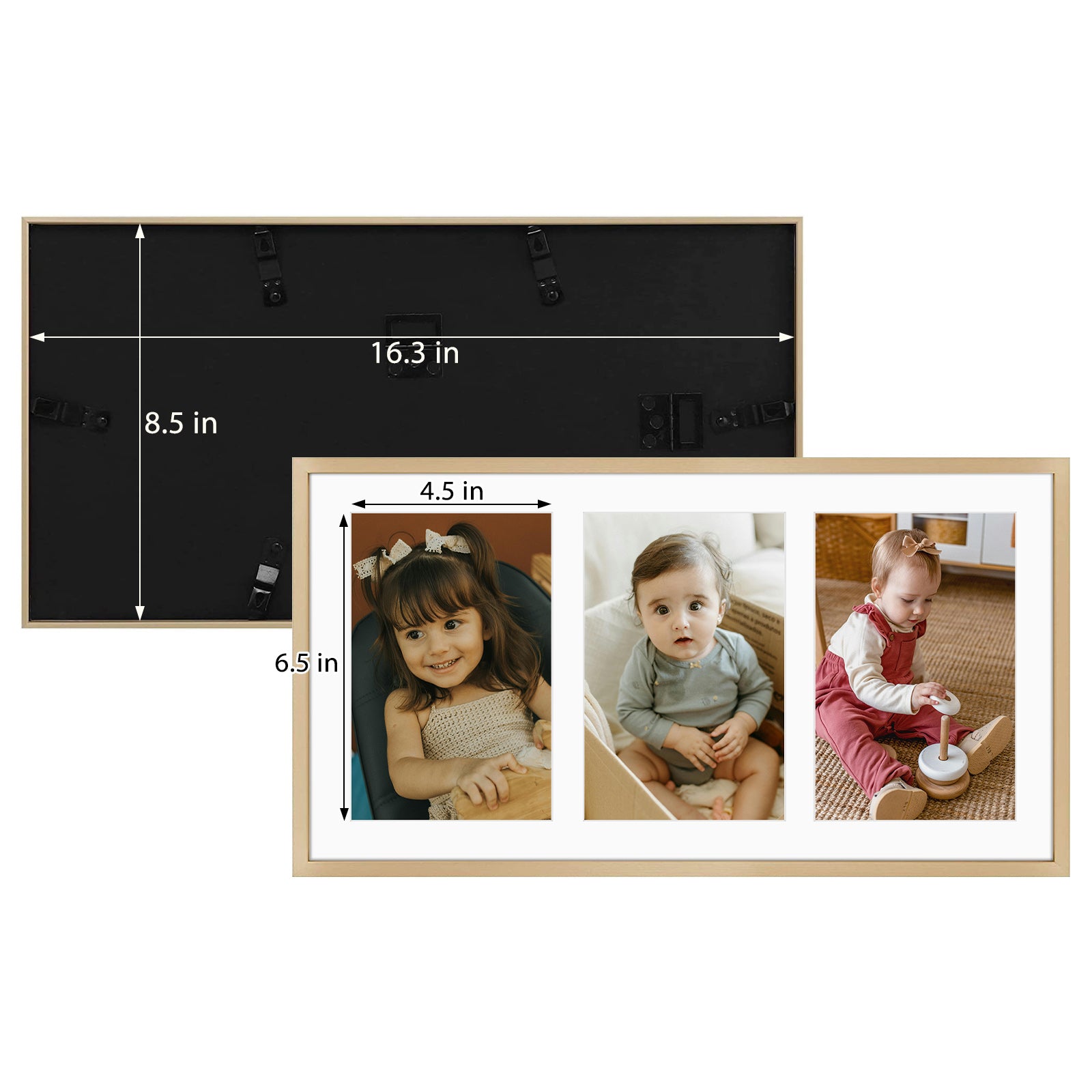Golden State Art 8.5x16 Collage Frame for Three 5x7 Photos-Aluminum with Real Glass