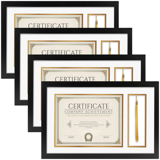 11x17.5 Diploma Frame with White Over Gold Double Mat for 8.5x11 Certificate & Tassel Black-Pack of 4